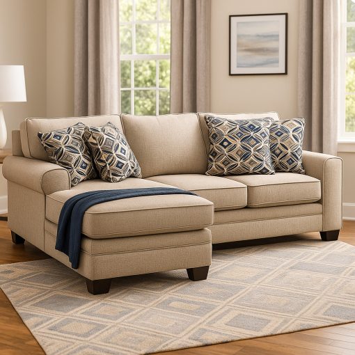 Moderno sofá seccional de tela beige con chaise longue un cómodo sofá para la sala de estar - Imagen 2